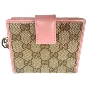 Gucci Wallet Bifold Compact GG Monogram Brown Canvas Zip Pink Leather Logo